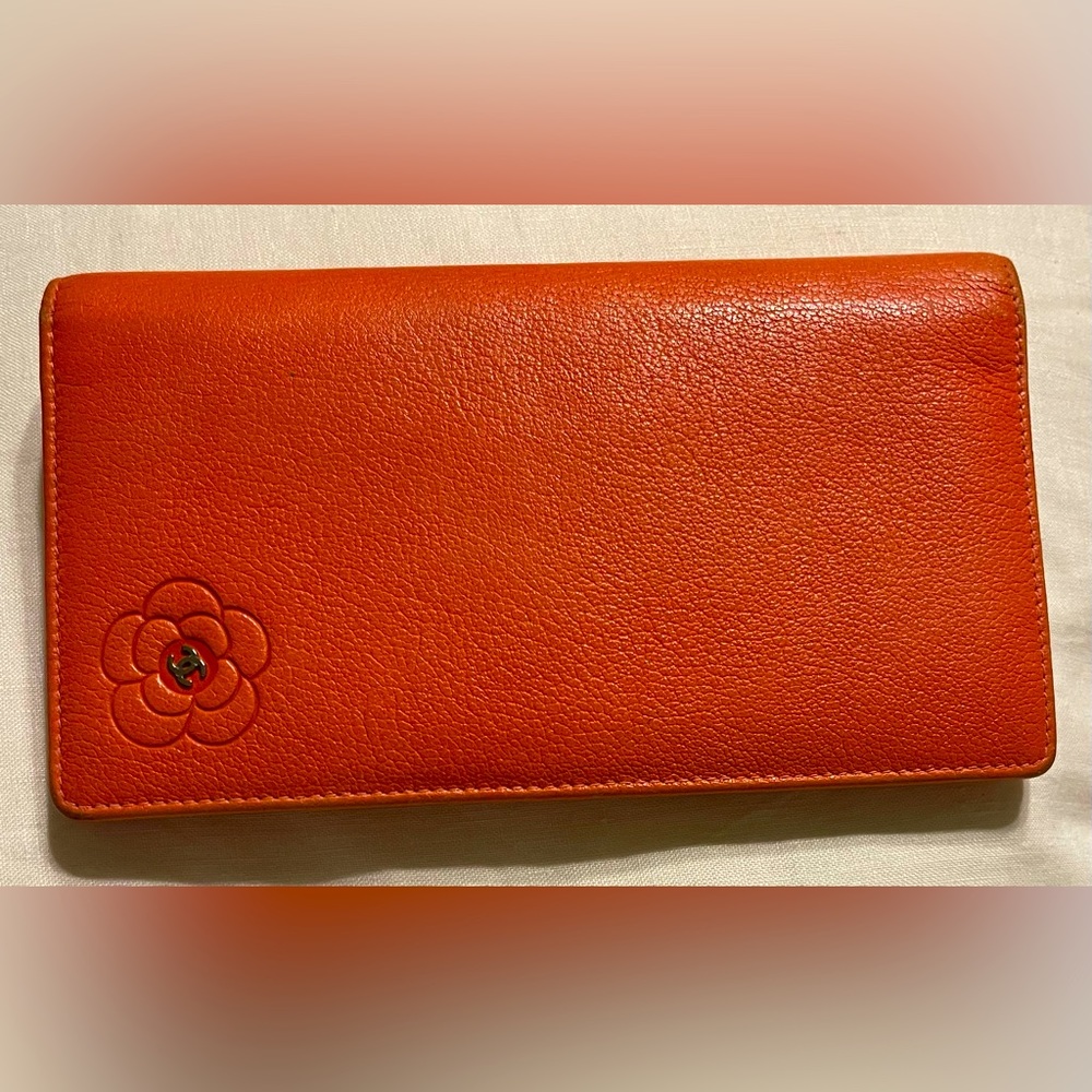 Chanel Camelia Bifold Long Orange Leather Wallet